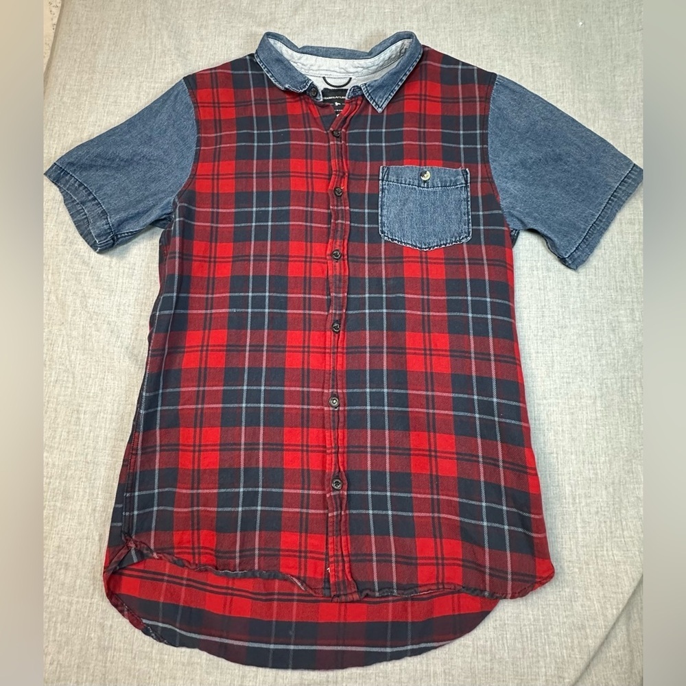 Modern Amusement Jean Red and Blue plaid button up Shirt